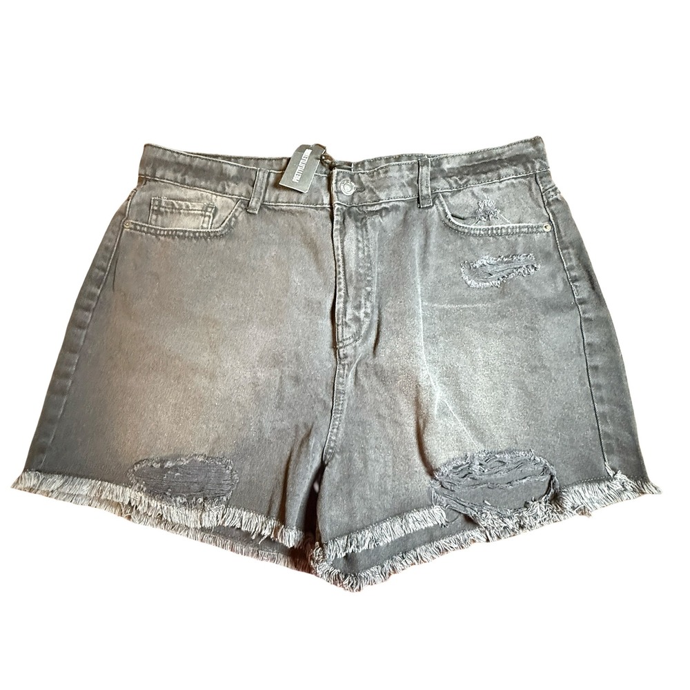PrettyLittleThing Plus Washed Black Distressed High Rise Mom Denim Shorts 14 NEW